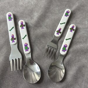 Set of 2 Vintage 1994 Barney Toddler Kids Character Spoon Fork - The Lyons Group